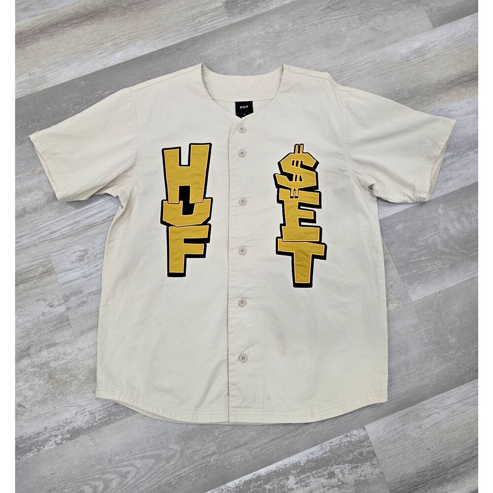 HUF Men's Team Baseball Jersey L Bone Cream Patch Graffiti Button Up Streetwear